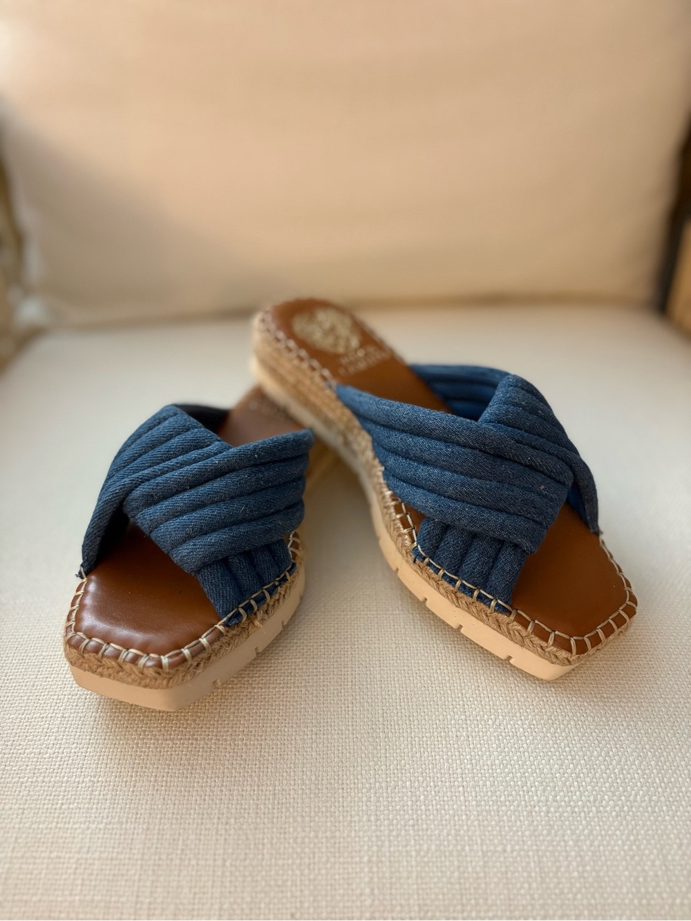 Vince Camuto Melysa Crossband Slide Sandals in a blue denim material